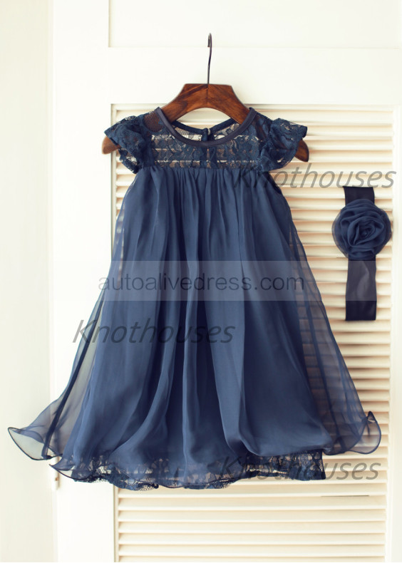 Illusion Neck Navy Blue Chiffon Lace Short Adorable Flower Girl Dress